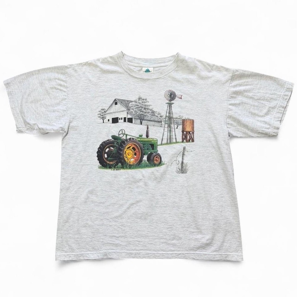 Vintage 90s John Deere Tractor Farm Country Scene Nature Art T-Shirt XL